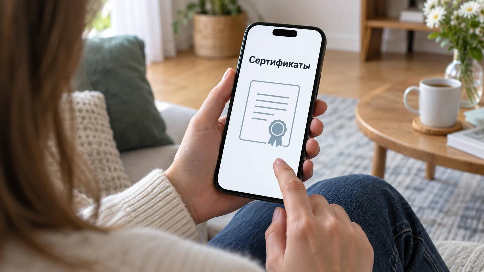 Схема сертификатов на экране iPhone в руках пользователя