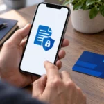 Человек рассматривает условный символ защищённого соединения на iPhone рядом с картой ВТБ