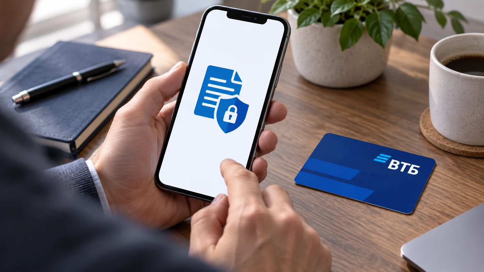 Человек рассматривает условный символ защищённого соединения на iPhone рядом с картой ВТБ