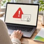 Человек видит условный символ проблемы с сертификатом на ноутбуке рядом с логотипом Сбера