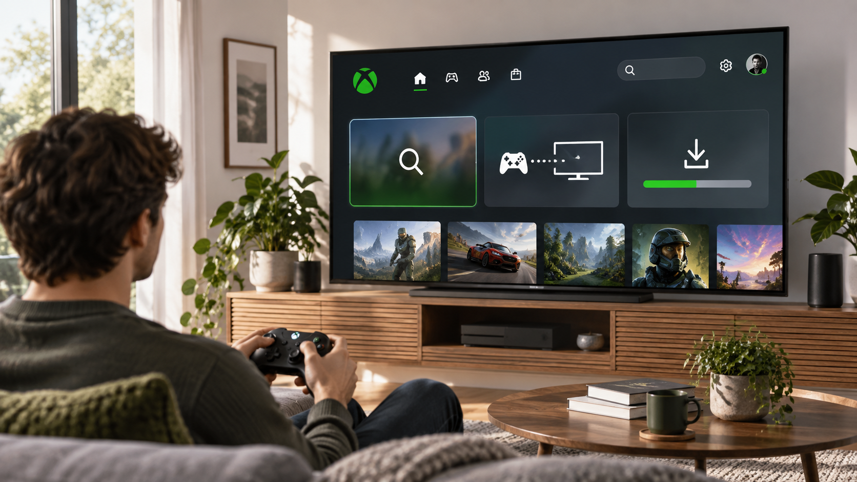 Игрок изучает новые функции Xbox Insider на экране телевизора