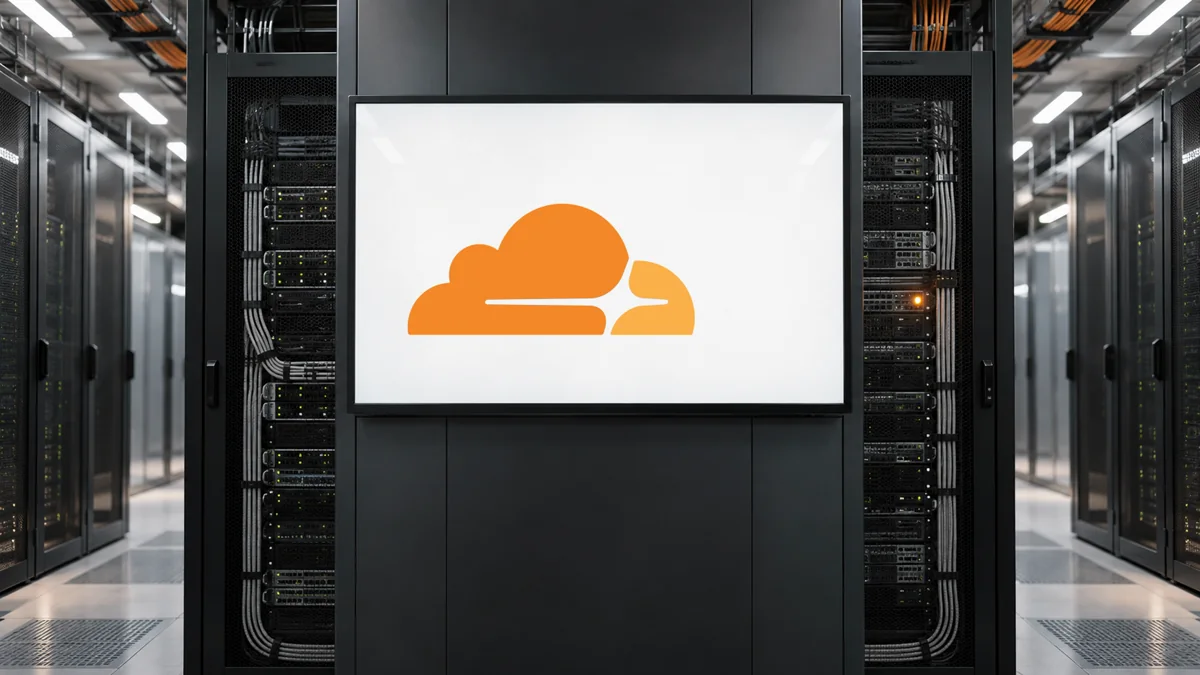Официальный знак Cloudflare на встроенном дисплее в серверной