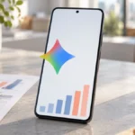 Официальный знак Gemini на экране Android-смартфона рядом с таблицей и графиком