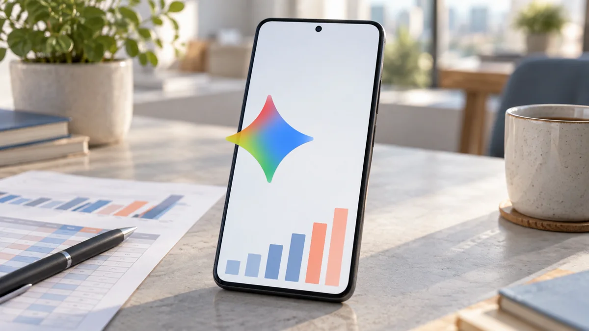 Официальный знак Gemini на экране Android-смартфона рядом с таблицей и графиком
