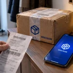 Посылка и телефон с официальным знаком отслеживания Почты России на экране