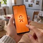 Телефон Android с официальным знаком Одноклассников на экране в домашней кухне