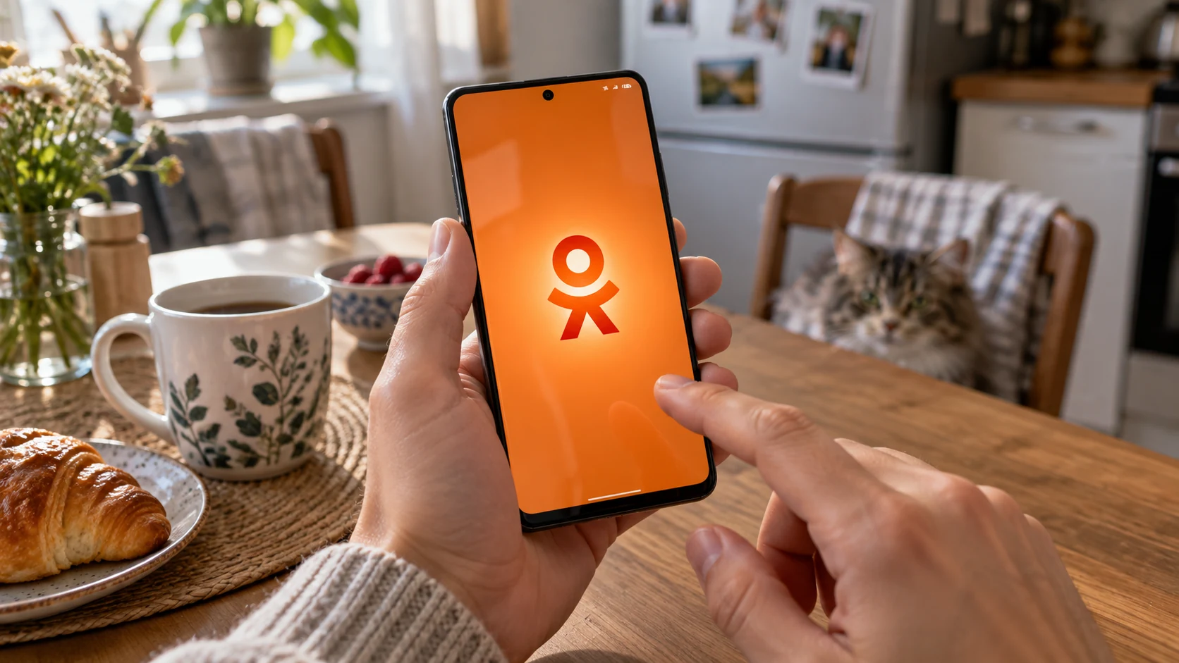 Телефон Android с официальным знаком Одноклассников на экране в домашней кухне