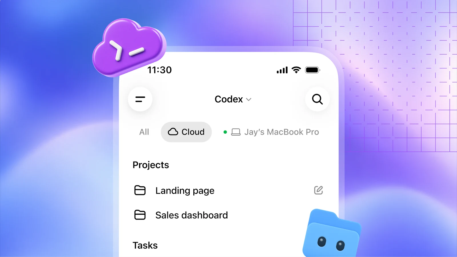 Официальная иллюстрация OpenAI с облачными проектами Codex на телефоне