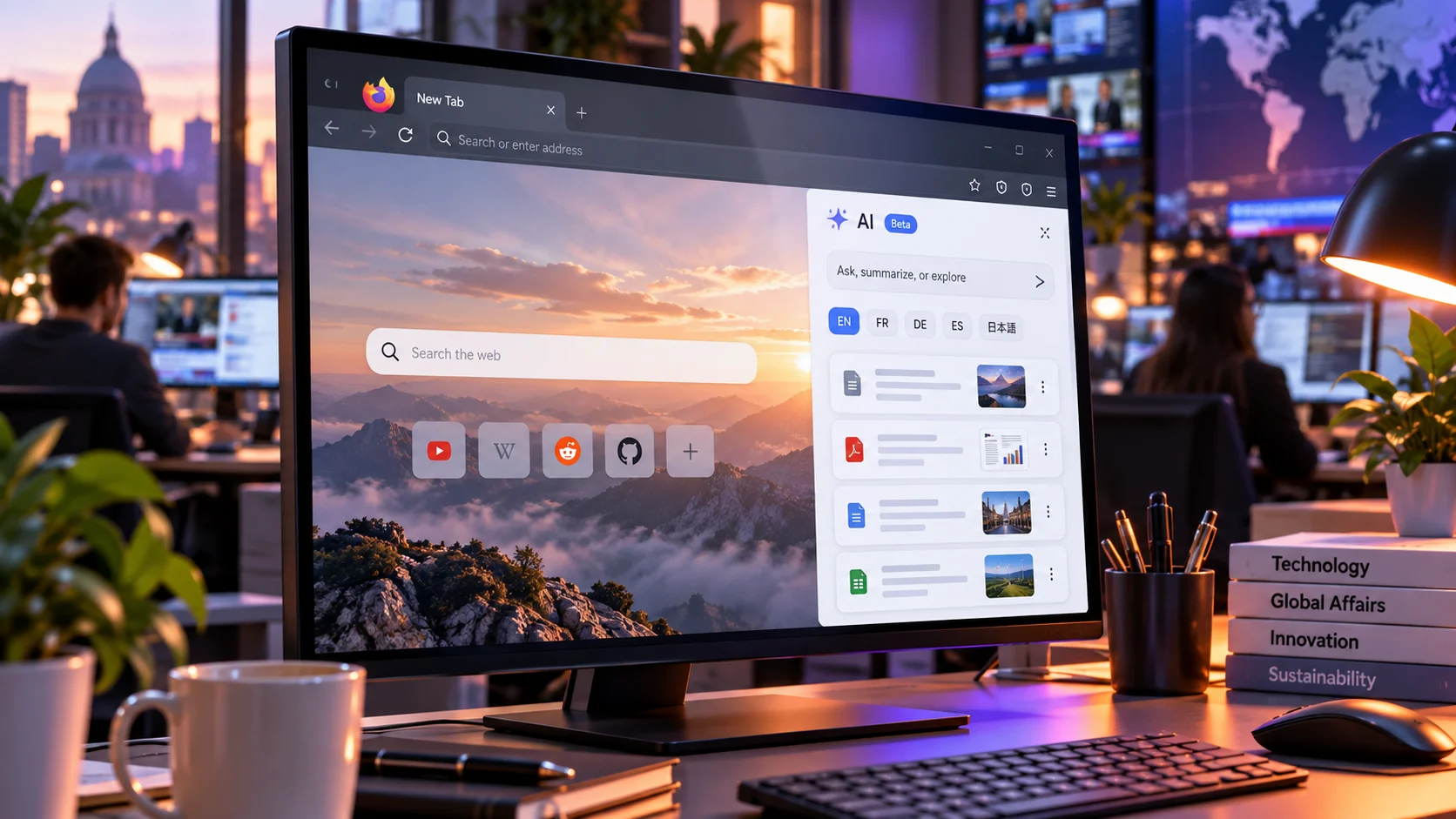 Браузер Firefox с открытой AI-панелью Smart Window на рабочем мониторе