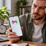 Пользователь проверяет задержавшиеся уведомления Gmail на Android-смартфоне