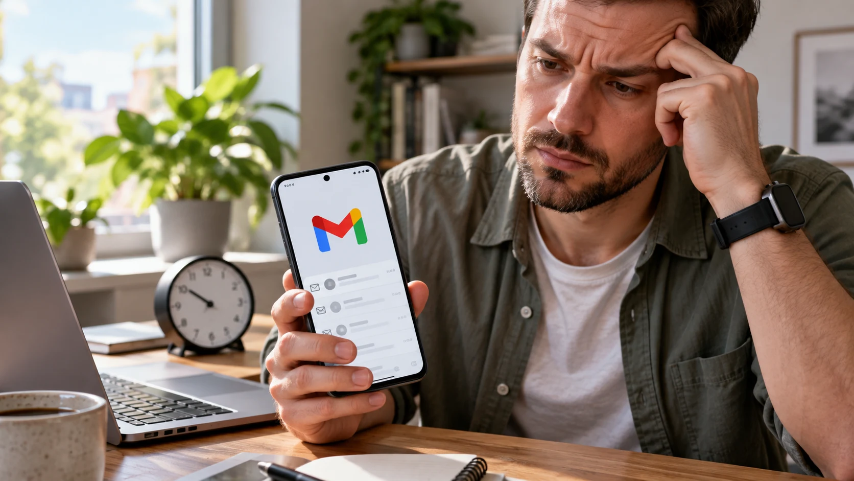 Пользователь проверяет задержавшиеся уведомления Gmail на Android-смартфоне