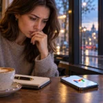 Пользователь проверяет пропущенное уведомление Gmail на iPhone в кафе