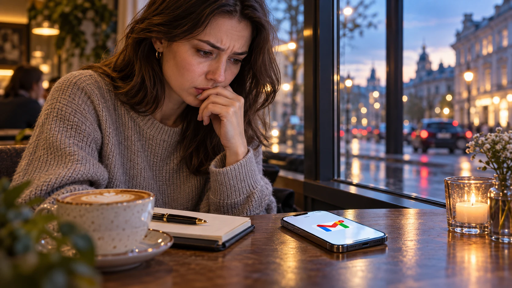 Пользователь проверяет пропущенное уведомление Gmail на iPhone в кафе