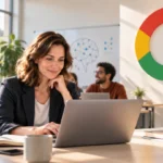 Преподаватель изучает курс по AI в университетской аудитории со знаком Google