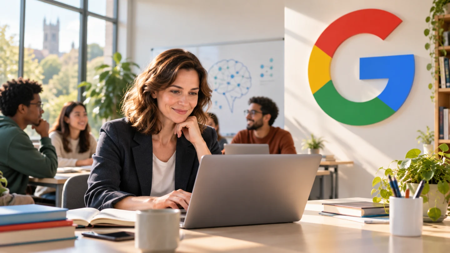 Преподаватель изучает курс по AI в университетской аудитории со знаком Google
