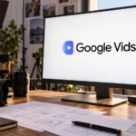Логотип Google Vids на мониторе в студии видеопроизводства