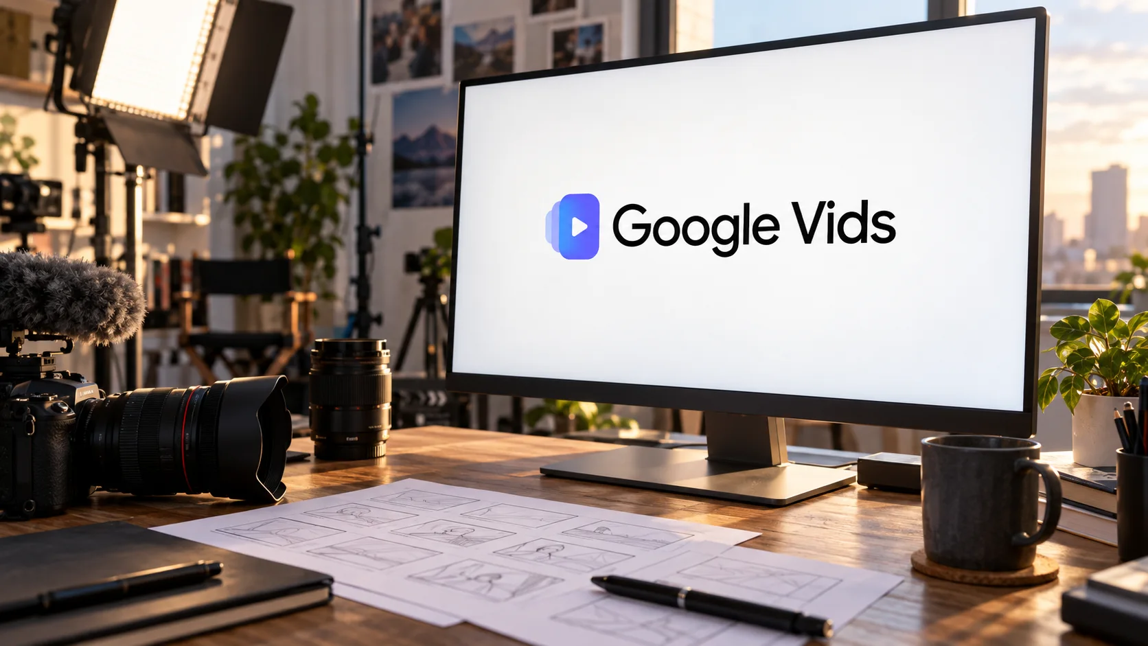 Логотип Google Vids на мониторе в студии видеопроизводства