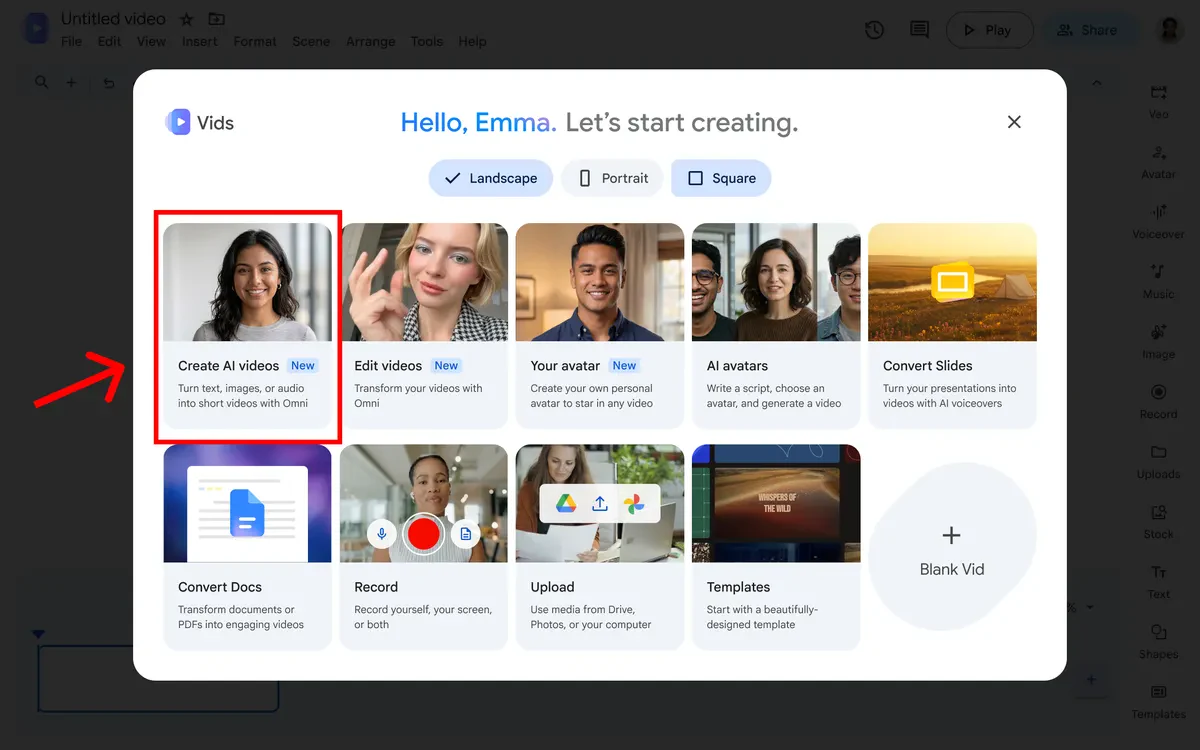 Официальное меню Google Vids с выделенной плиткой Create AI videos