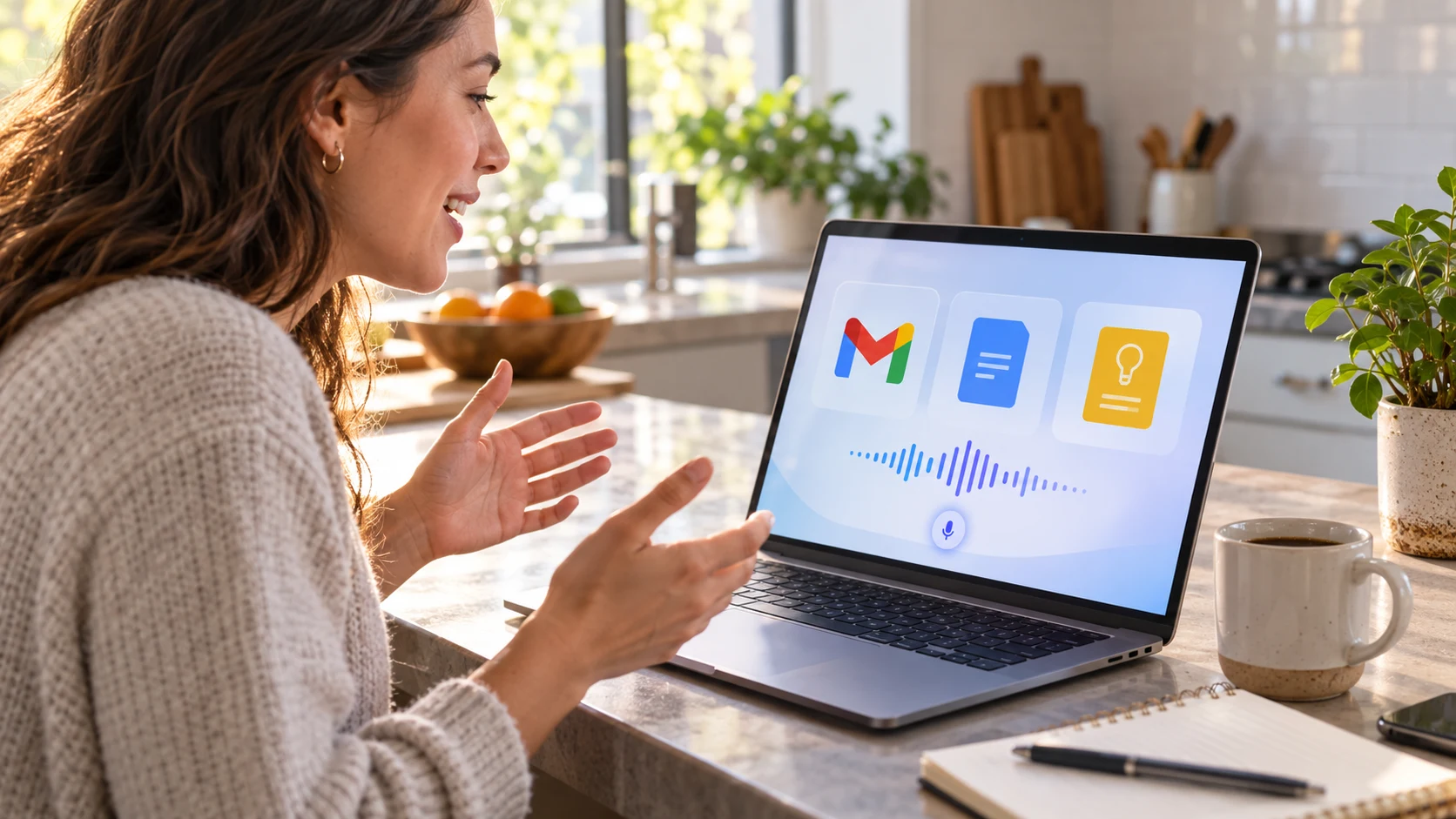 Пользователь голосом работает с Gmail, документом и заметками через Gemini