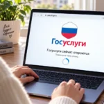 Человек проверяет в браузере ноутбука официальную загрузочную страницу Госуслуг