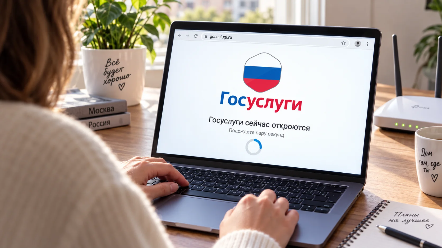Человек проверяет в браузере ноутбука официальную загрузочную страницу Госуслуг