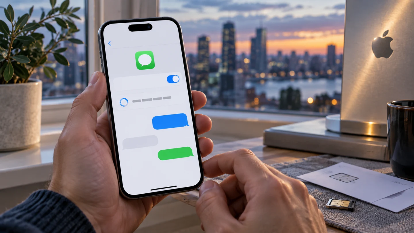 Пользователь проверяет ожидание активации iMessage и SIM-карту на iPhone
