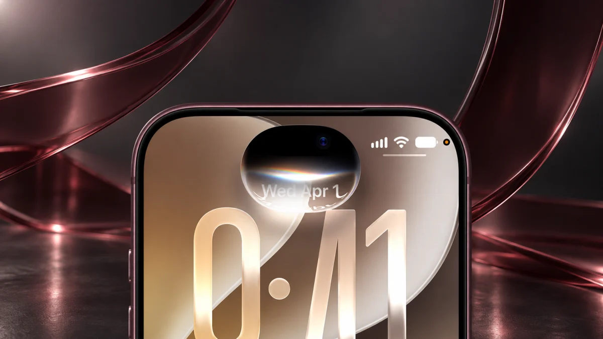 iPhone с интерфейсом iOS 27 в студии с бордовыми стеклянными элементами
