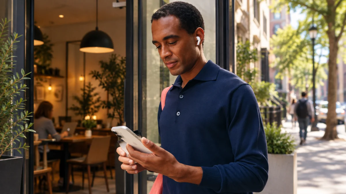 Пользователь с iPhone выходит из зоны Wi-Fi на городскую улицу