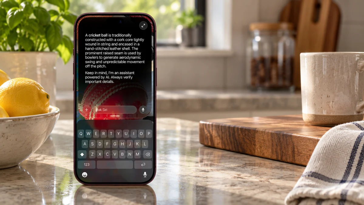 iPhone с режимом Visual Intelligence и Siri AI на кухонной поверхности