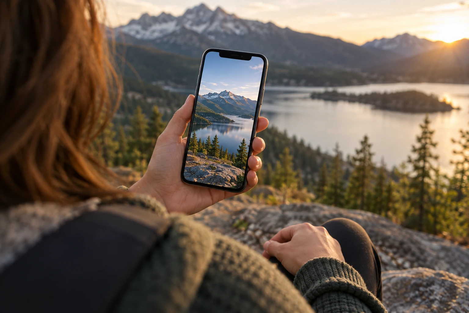 Владелец проверяет фотографии на iPhone после системного обновления
