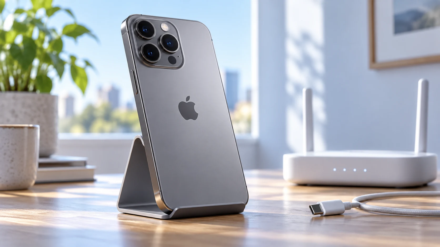 iPhone на подставке рядом с роутером и кабелем перед обновлением iOS 27