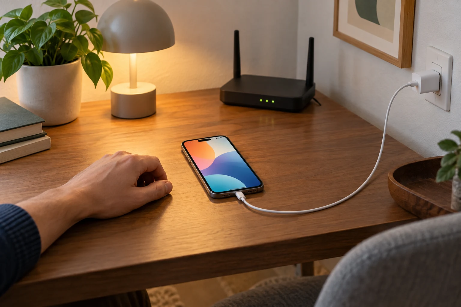 iPhone подключён к зарядке рядом с домашним роутером
