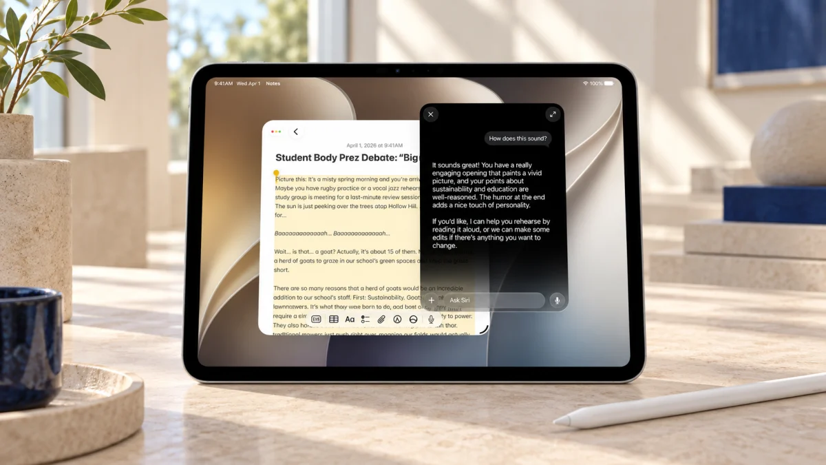 iPad с интерфейсом iPadOS 27 в светлой архитектурной студии