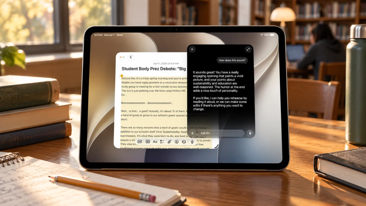 iPad с рукописными заметками и ответом Siri AI на библиотечном столе