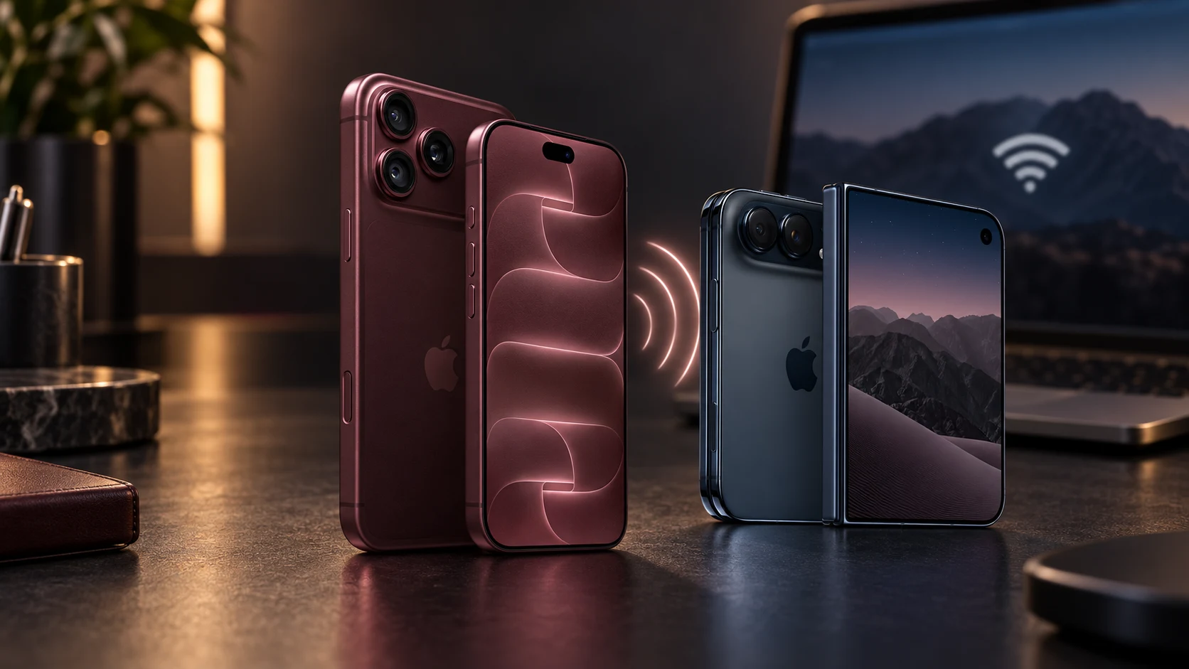 iPhone 18 Pro и iPhone Duo рядом с ноутбуком при настройке режима модема