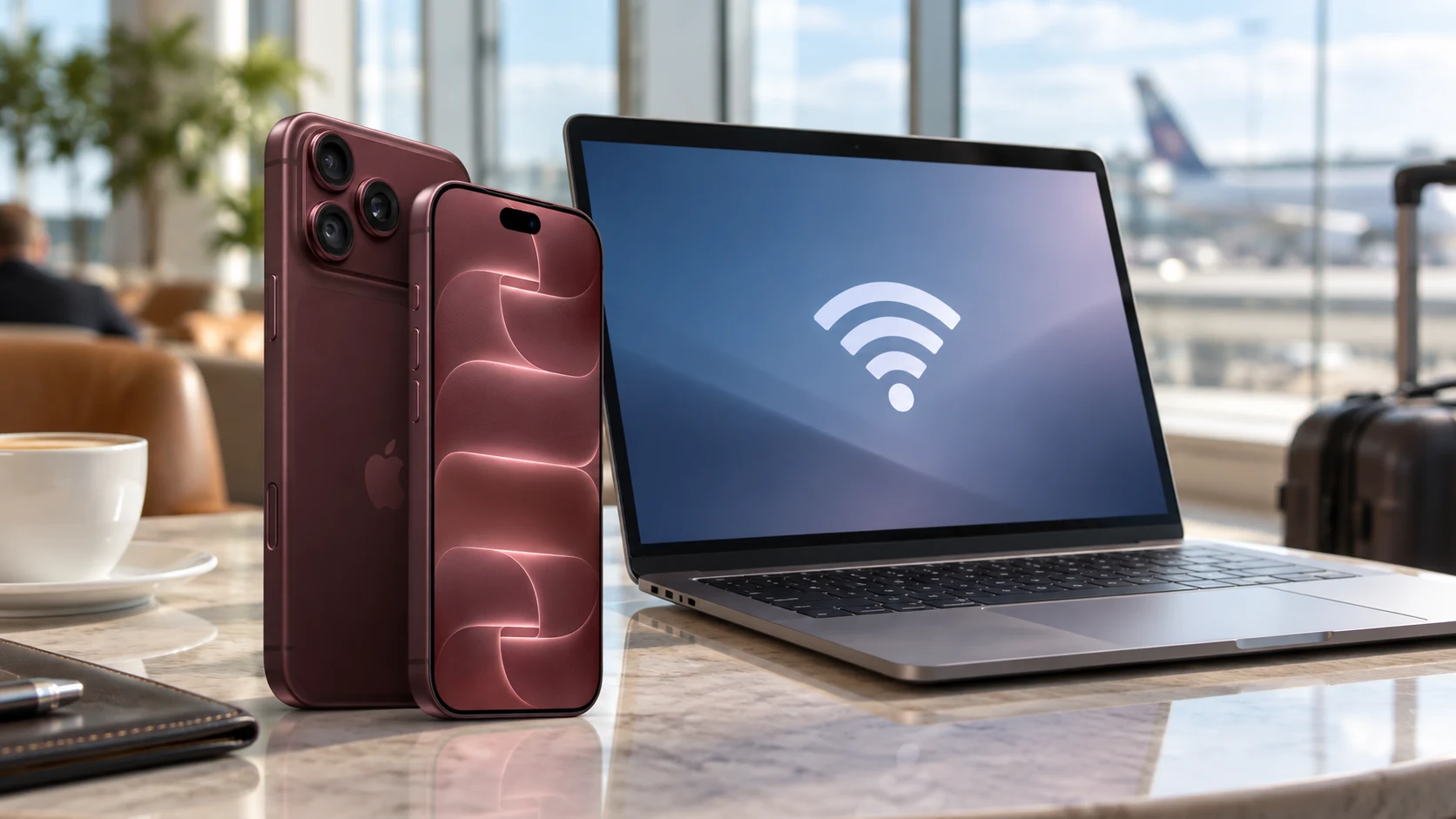 Ноутбук подключён к точке доступа iPhone 18 Pro в общественном пространстве