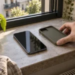 Смартфон с тёмным экраном лежит у открытого окна рядом со снятым защитным чехлом