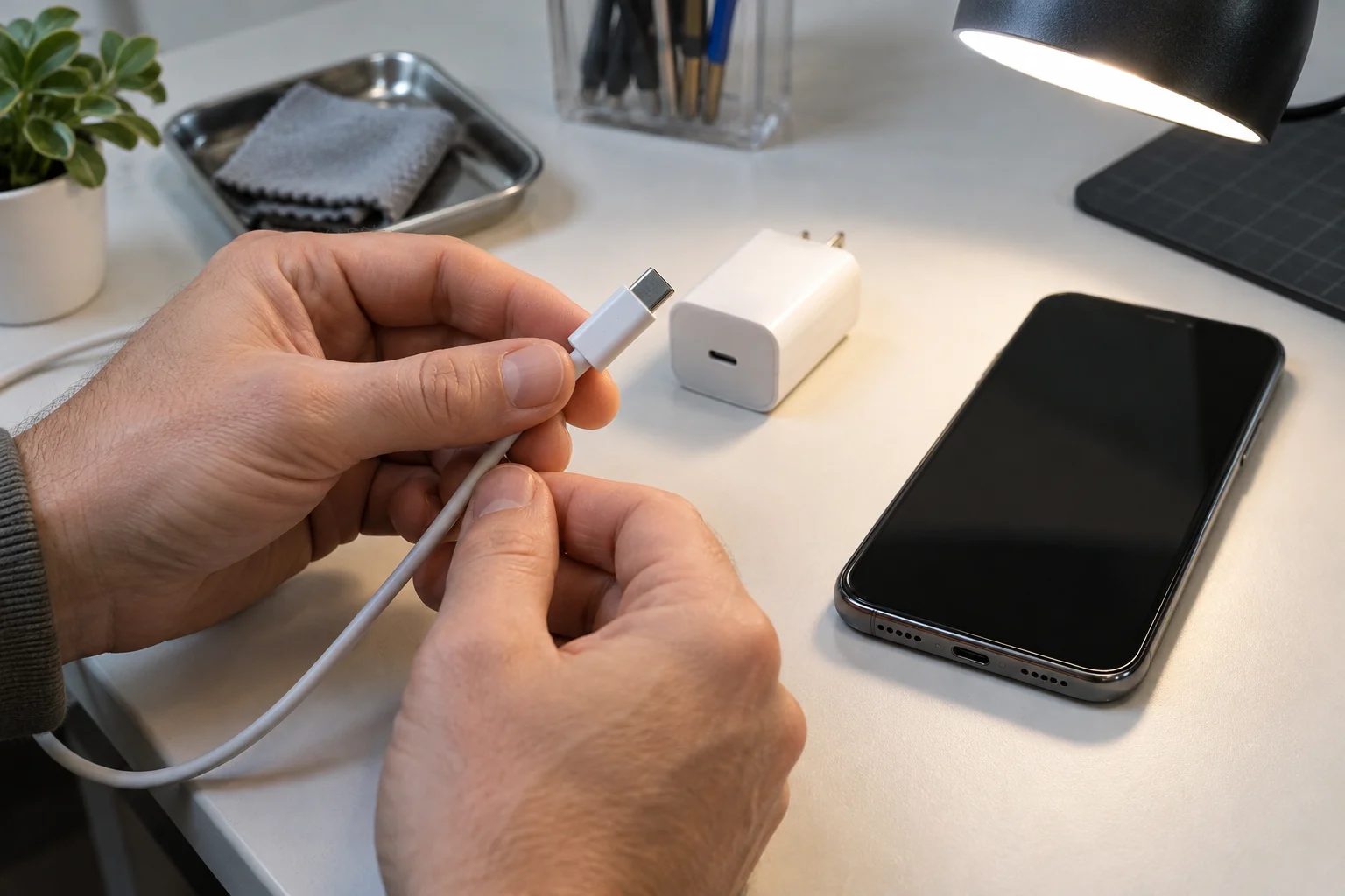 Человек проверяет кабель USB-C и сетевой адаптер рядом со смартфоном