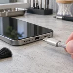 Человек проверяет кабель USB-C перед подключением к разъёму смартфона