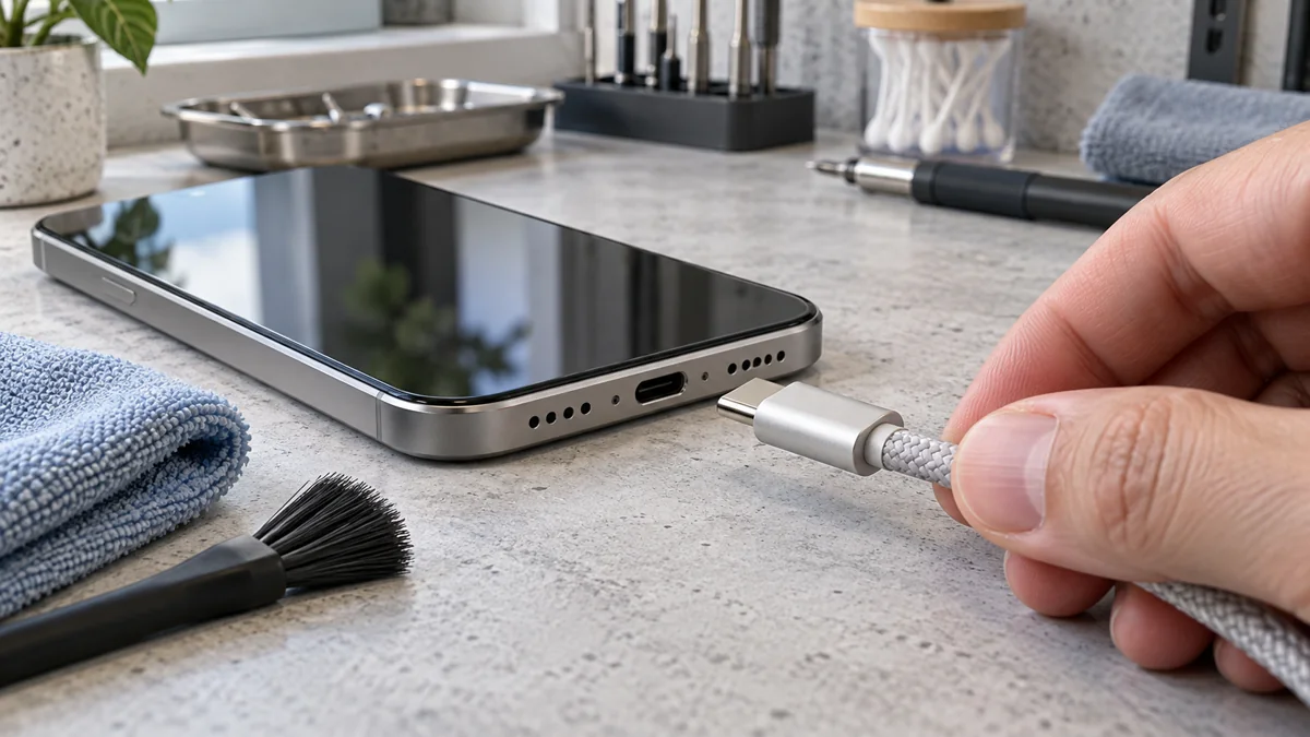 Человек проверяет кабель USB-C перед подключением к разъёму смартфона