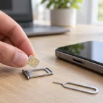 Человек держит nano-SIM над открытым лотком рядом со смартфоном
