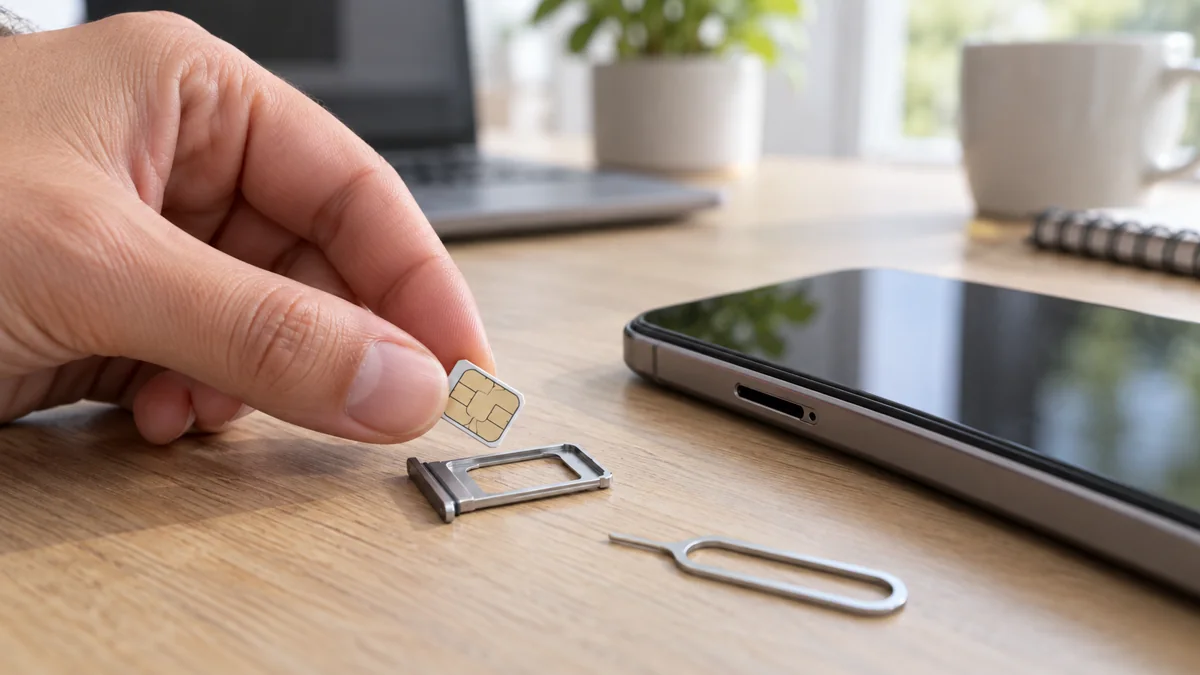 Человек держит nano-SIM над открытым лотком рядом со смартфоном