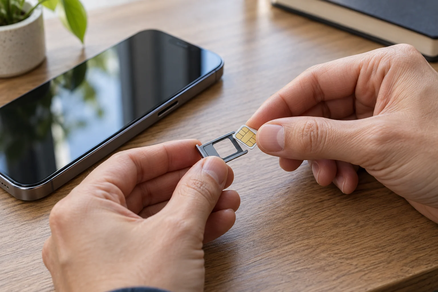 Человек аккуратно устанавливает nano-SIM в лоток смартфона