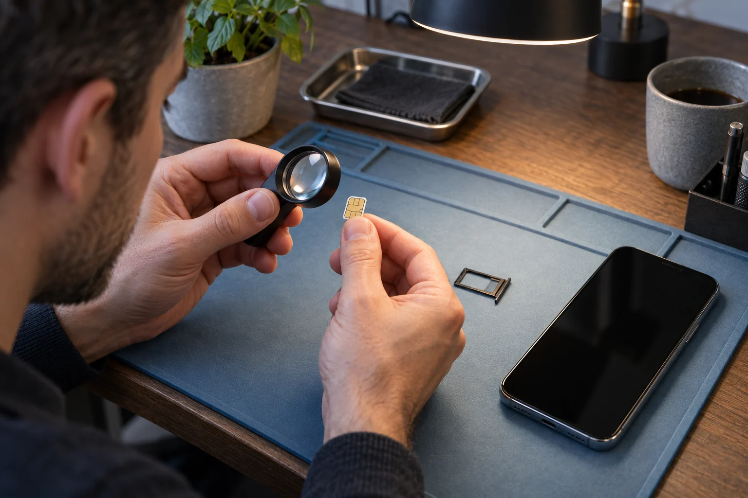 Пользователь осматривает nano-SIM и лоток под настольной лампой