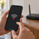 Смартфон рядом с домашним роутером во время проверки подключения Wi-Fi