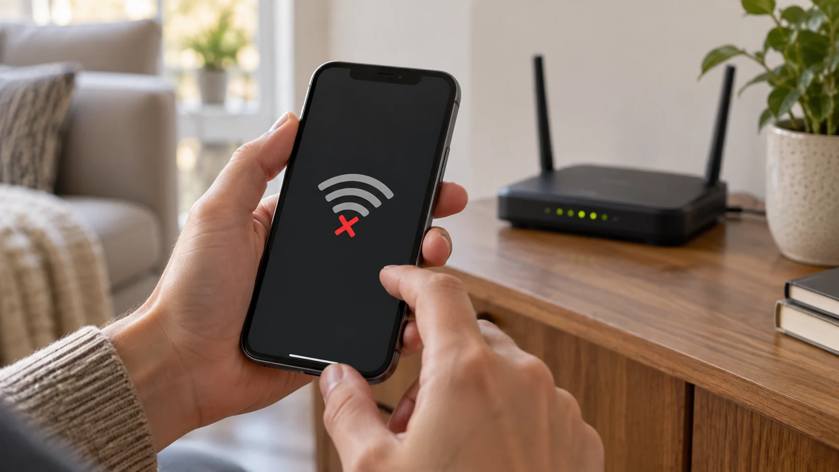 Смартфон рядом с домашним роутером во время проверки подключения Wi-Fi