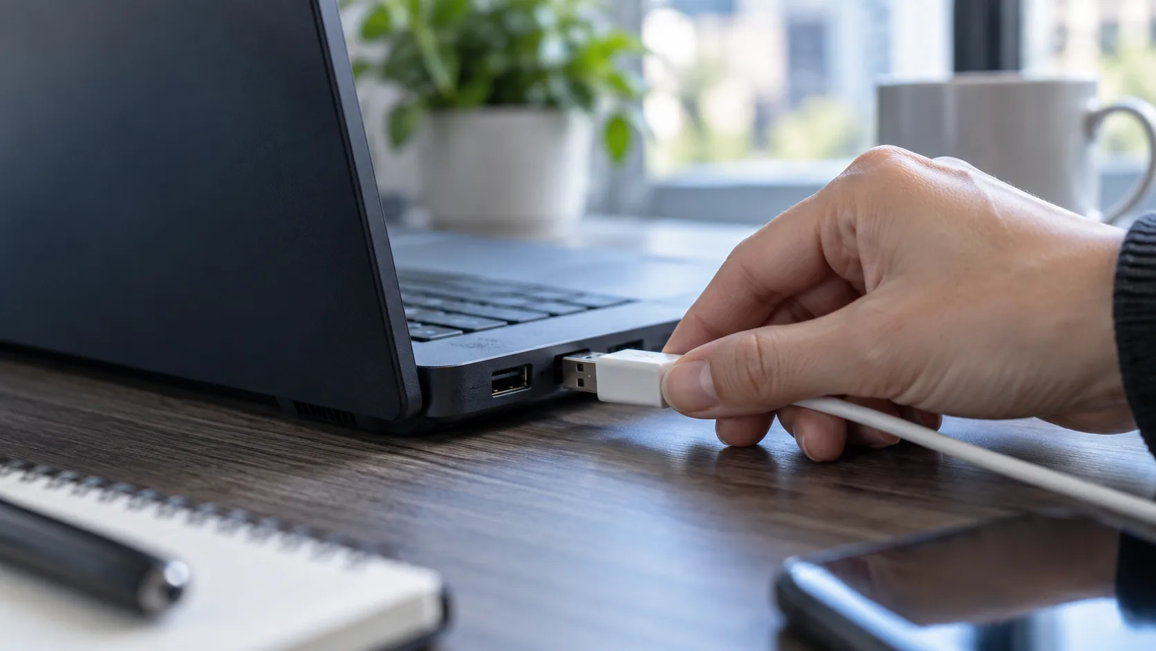 Кабель подключают к другому USB-порту ноутбука