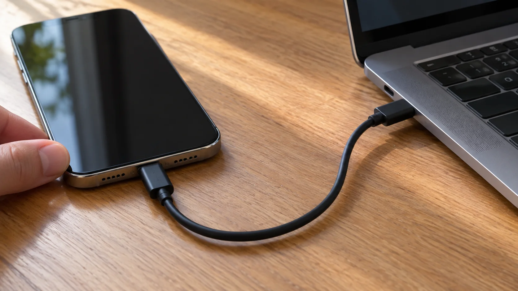 Кабель передачи данных соединяет iPhone и USB-порт компьютера