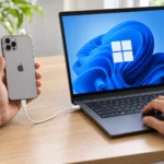 iPhone соединён кабелем с ноутбуком Windows для переноса фотографий