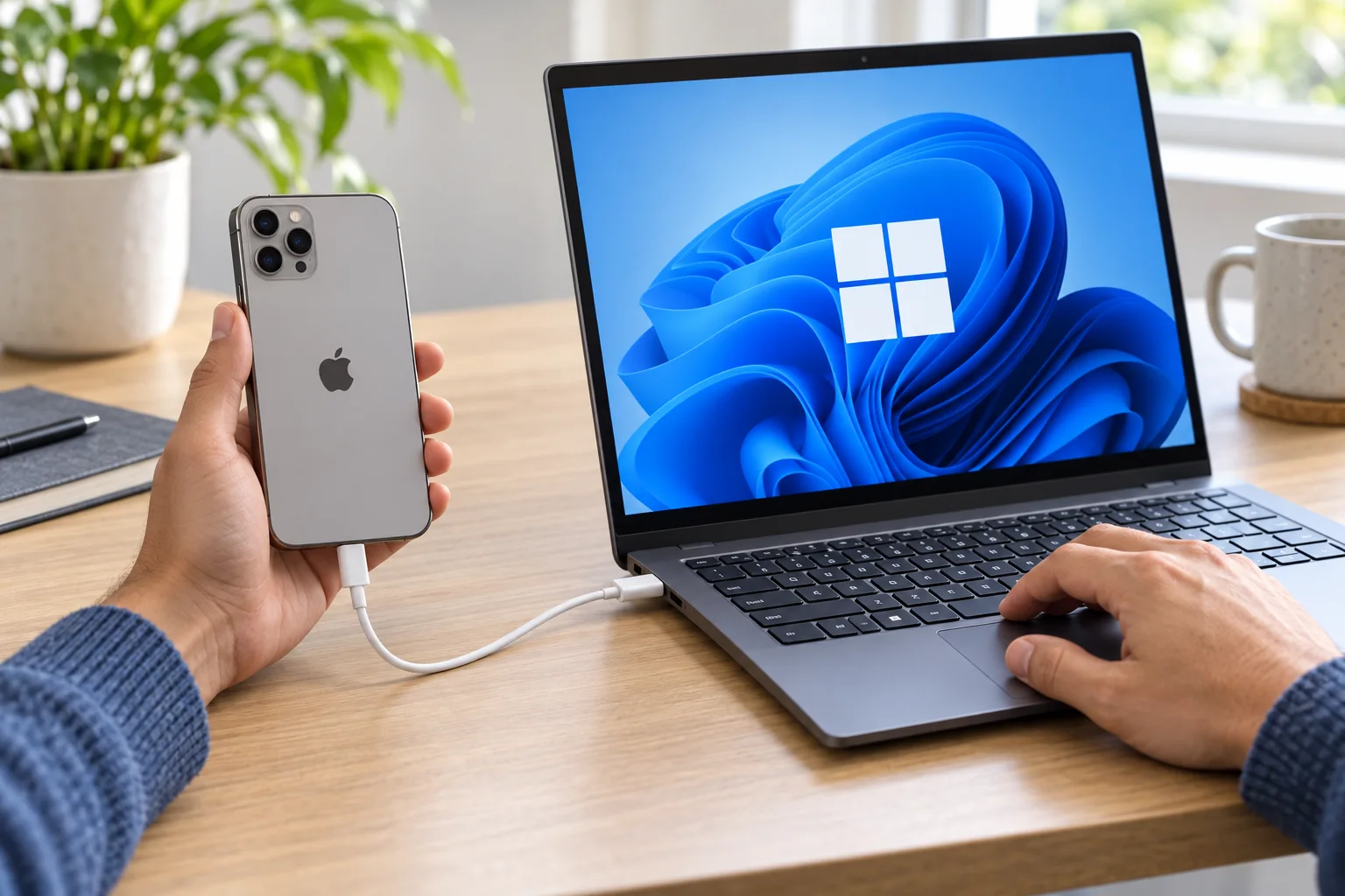 iPhone соединён кабелем с ноутбуком Windows для переноса фотографий